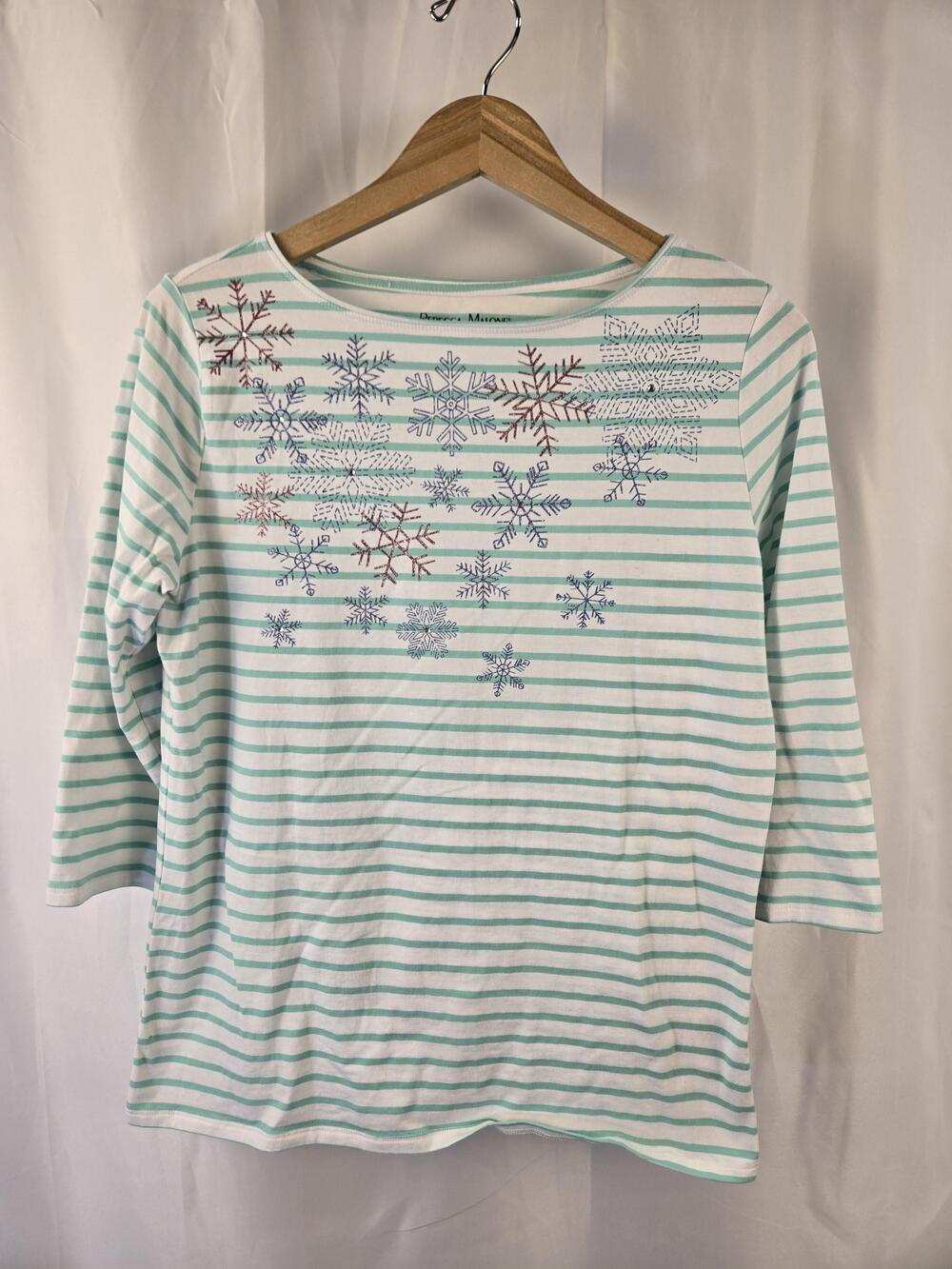 Rebecca Malone Shirt Womens Large Green Stripe Snowflake 3/4 Sleeve Tee Top
